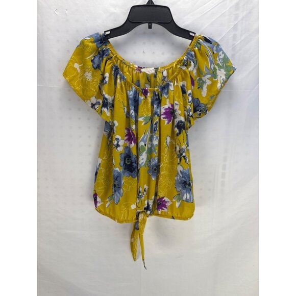 Sienna Sky Yellow Floral Peasant Blouse Tie Front Short Sleeve Women’s XS - Picture 1 of 7